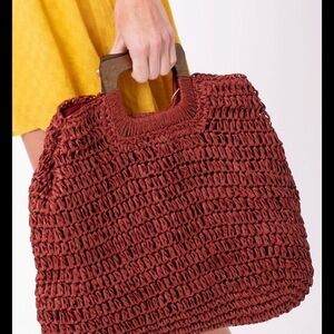 Large Woven Paper Straw Summer Tote Natural Wood Handles Zipper Closure 18x14